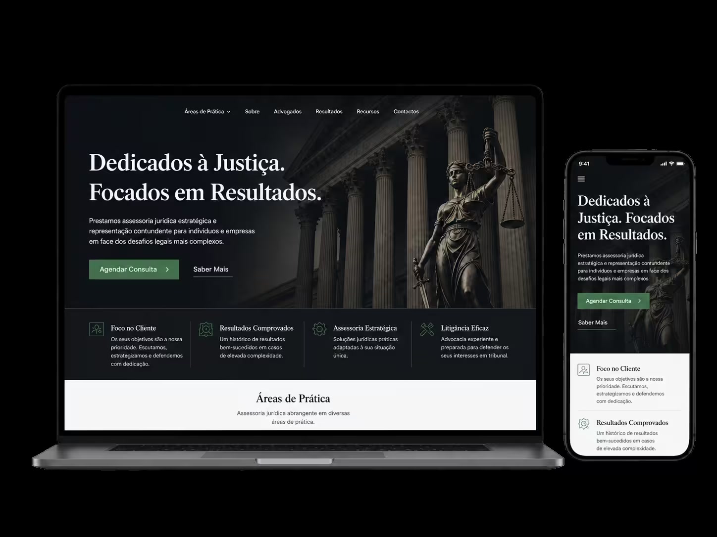 Site profissional para um escritório de advocacia em Portugal, visto em computador e telemóvel